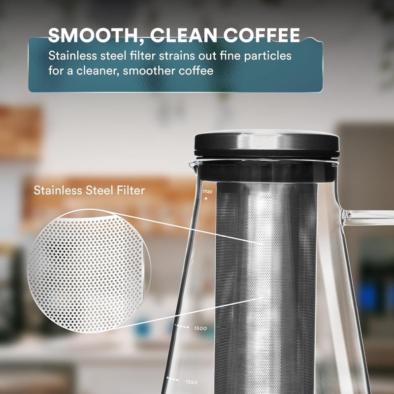 ovalware Airtight Cold Brew Iced Coffee Maker Pitcher (& Iced Tea Maker) with Spout – 1.5L/ 51oz Brewing Glass Carafe with Removable Stainless Steel Filter - Image 4